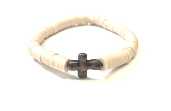 Handmade Bronze Color Cross Tan Polymer Clay Heishi Stretch Bracelet Women Gift