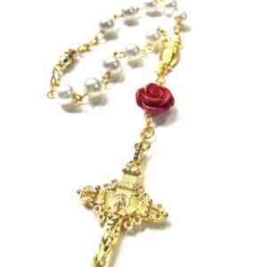 Handmade White Red Rose One Decade Catholic Car Rosary Rear View Mirror