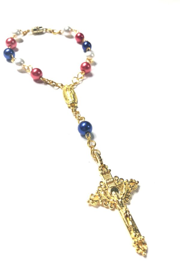 Handmade Patriotic Red White Blue One Decade Car Rosary Rear View Mirror