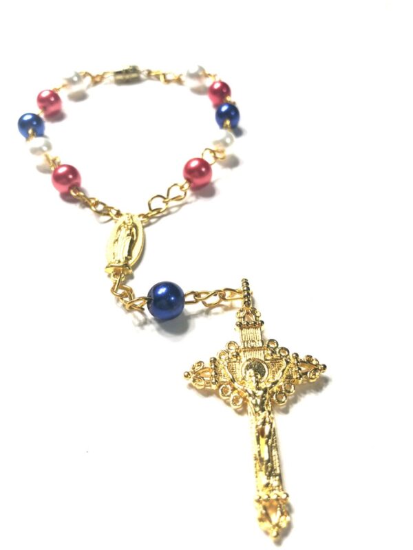 Handmade Patriotic Red White Blue One Decade Car Rosary Rear View Mirror