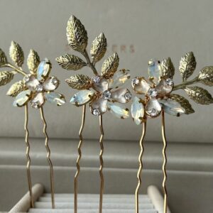 Set of 3 Bridal Hair Pins with Gold Leaves, Opal Crystals & Hand Painted Enamel