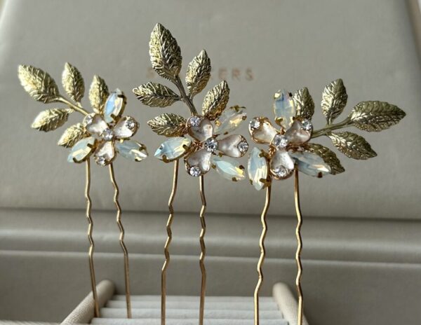 Set of 3 Bridal Hair Pins with Gold Leaves, Opal Crystals & Hand Painted Enamel