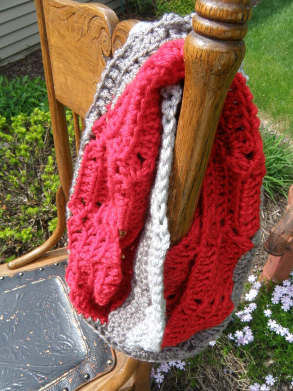 Silver, Grey, Red Crocheted Infinity Scarf