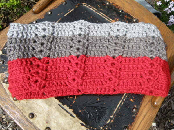 Silver, Grey, Red Crocheted Infinity Scarf