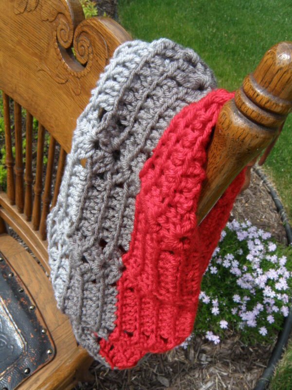 Silver, Grey, Red Crocheted Infinity Scarf