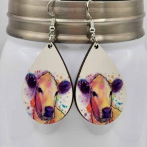 Watercolor Cow Earrings Handmade Wooden Dangle Lightweight Teardrop Shaped