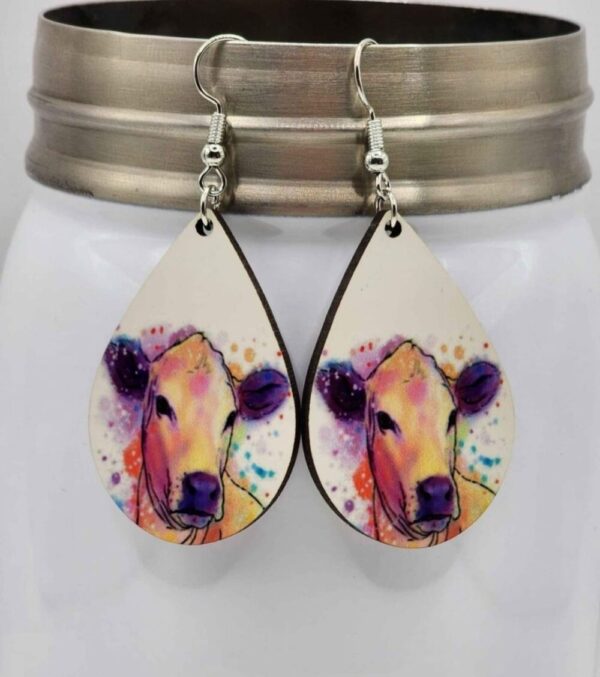 Watercolor Cow Earrings Handmade Wooden Dangle Lightweight Teardrop Shaped