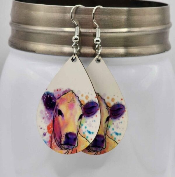 Watercolor Cow Earrings Handmade Wooden Dangle Lightweight Teardrop Shaped