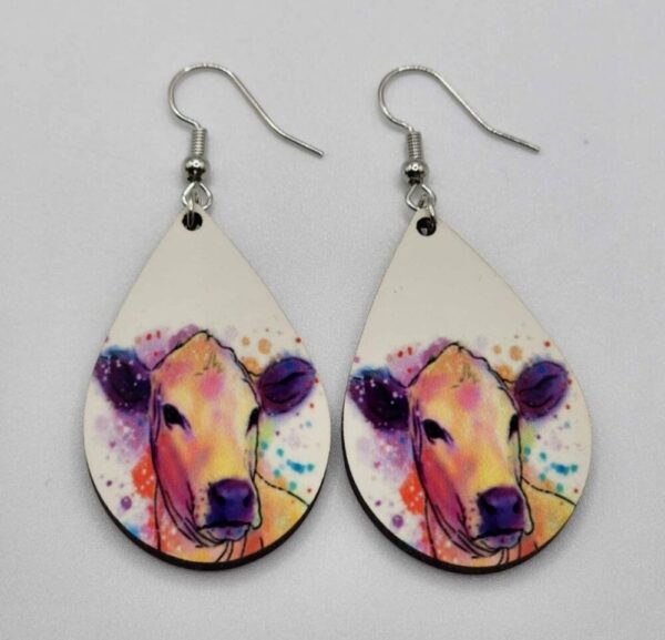 Watercolor Cow Earrings Handmade Wooden Dangle Lightweight Teardrop Shaped