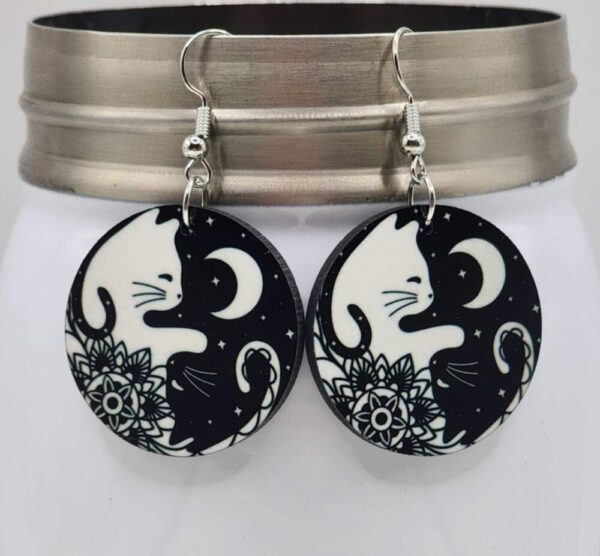 Yin and Yang Cat Earrings Elegant Black and White Handmade Wooden Earrings Lightweight