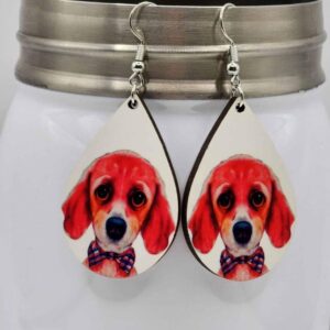 Brightly Colored Dog in a Bow Tie Earrings Handmade Wooden Lightweight