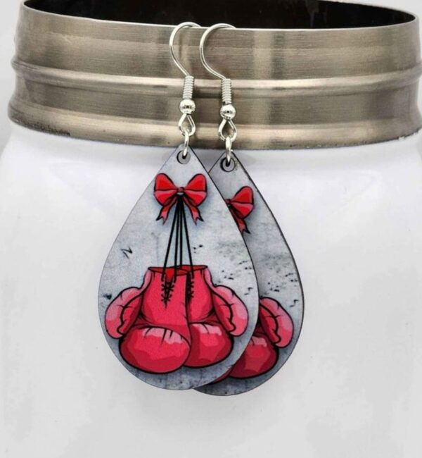 Breast Cancer Awareness Pink Boxing Gloves Earrings Handmade Wooden Lightweight Double Sided Design