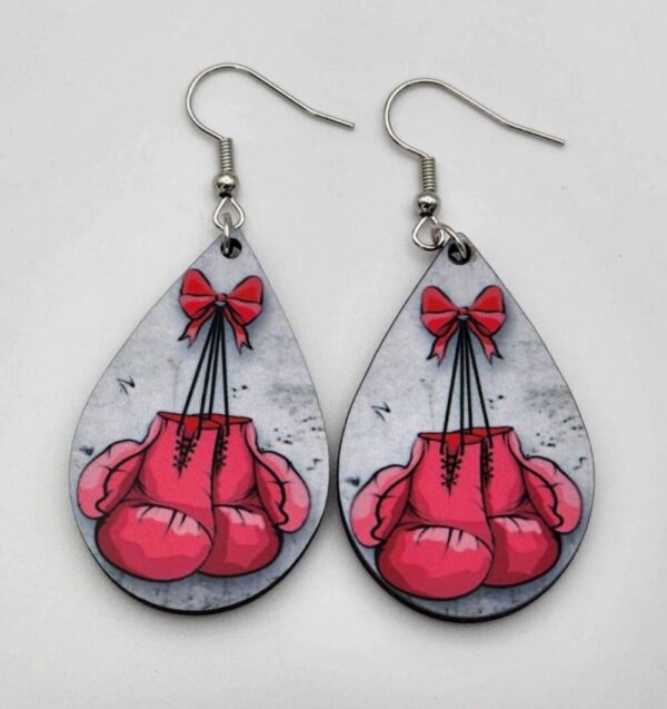 Breast Cancer Awareness Pink Boxing Gloves Earrings Handmade Wooden Lightweight Double Sided Design