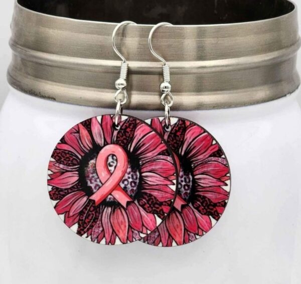 Breast Cancer Awareness Pink Ribbon Sunflower Wooden Earrings Handmade Dangle Lightweight