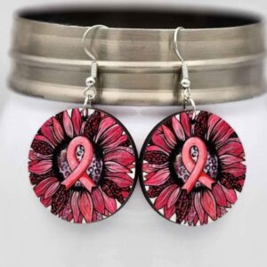 Breast Cancer Awareness Pink Ribbon Sunflower Wooden Earrings Handmade Dangle Lightweight