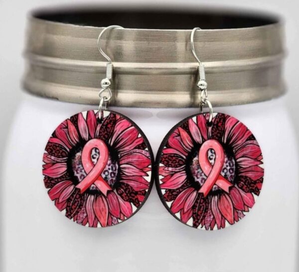 Breast Cancer Awareness Pink Ribbon Sunflower Wooden Earrings Handmade Dangle Lightweight