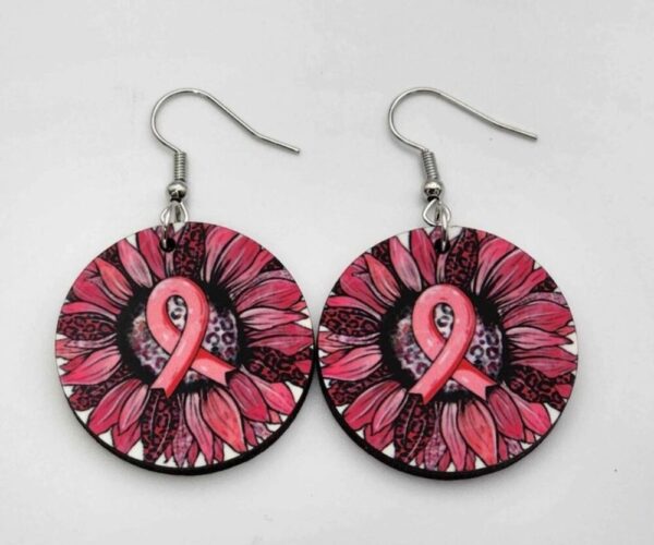 Breast Cancer Awareness Pink Ribbon Sunflower Wooden Earrings Handmade Dangle Lightweight