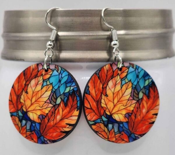 Fall Leaf Earrings Faux Stained Glass Double Sided Design Handmade Wooden Lightweight