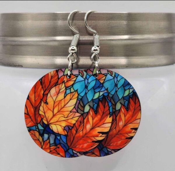 Fall Leaf Earrings Faux Stained Glass Double Sided Design Handmade Wooden Lightweight