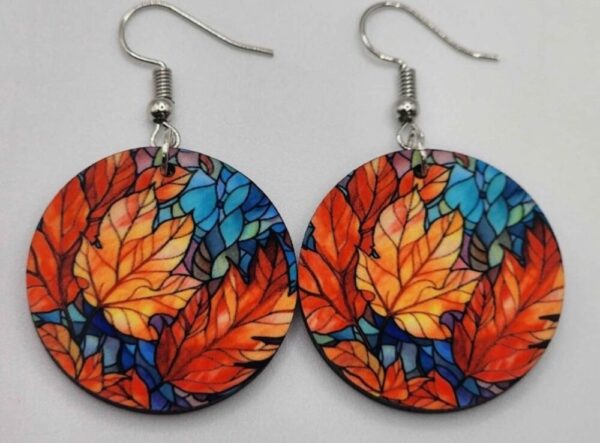 Fall Leaf Earrings Faux Stained Glass Double Sided Design Handmade Wooden Lightweight