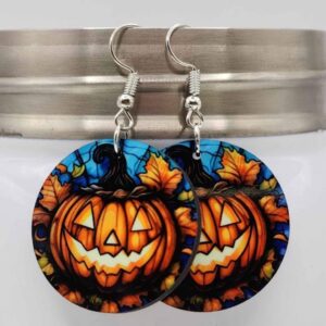 Fall Pumpkin Jack-o-lantern Faux Stained Glass Earrings Wooden Handmade Dangle Lightweight