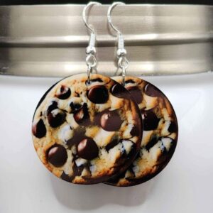 Chocolate Chip Cookie Earrings Wooden Handmade Dangle Double Sided Design Lightweight