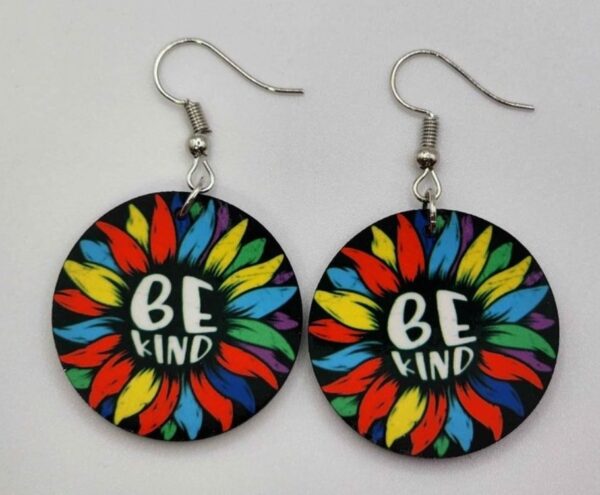 Be Kind Sunflower Awareness Earrings Wooden Handmade Dangle Double Sided Design