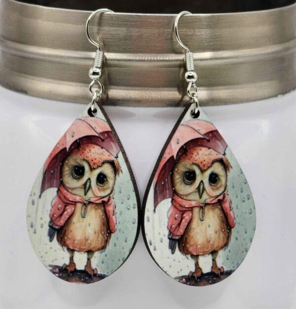 Sad Owl in the Rain Earrings Pink/Gray Wooden Lightweight Dangle Teardrop Shaped