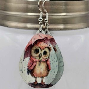 Sad Owl in the Rain Earrings Pink/Gray Wooden Lightweight Dangle Teardrop Shaped