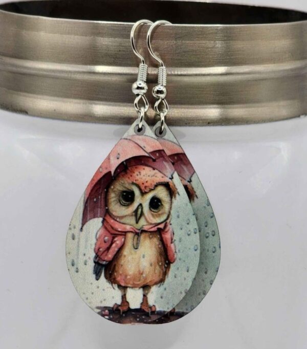 Sad Owl in the Rain Earrings Pink/Gray Wooden Lightweight Dangle Teardrop Shaped