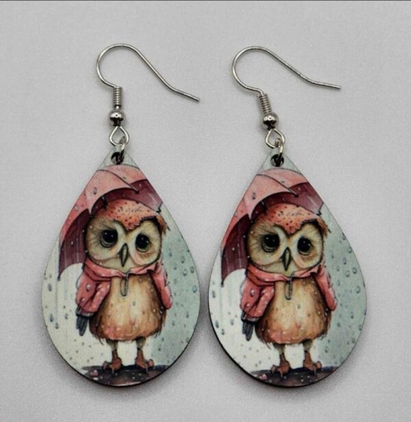 Sad Owl in the Rain Earrings Pink/Gray Wooden Lightweight Dangle Teardrop Shaped