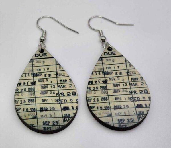 Vintage Library Book Due Date Card Earrings Handmade Wooden Double Sided Design