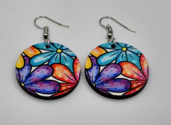 Floral Polka Dot Earrings Brightly Colored Handmade Dangle Wooden