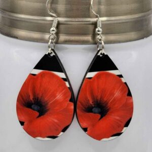 Black and White Striped Floral Red Poppy Earrings Handmade Wooden Lightweight