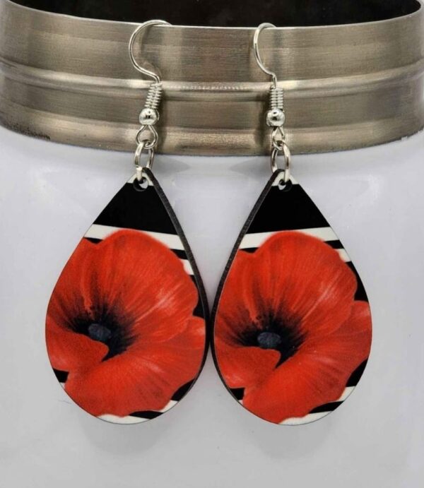 Black and White Striped Floral Red Poppy Earrings Handmade Wooden Lightweight