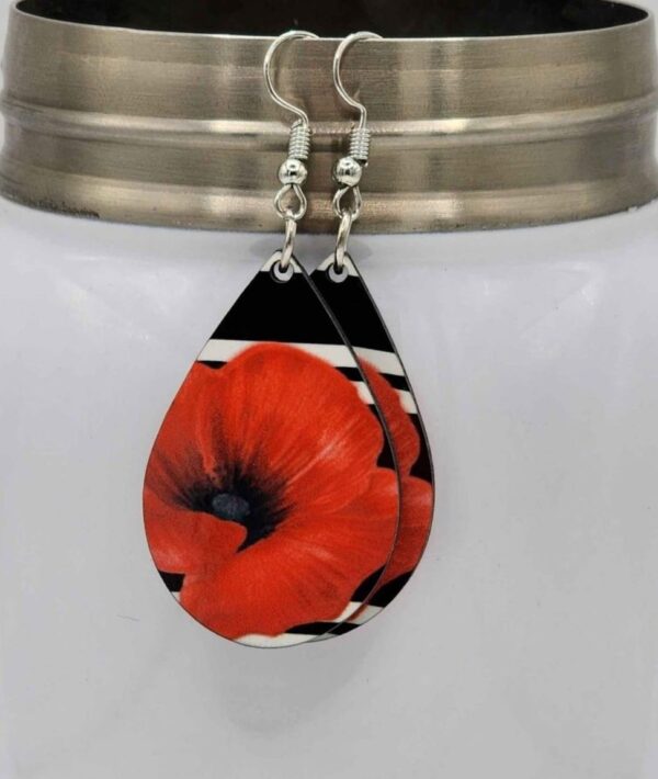 Black and White Striped Floral Red Poppy Earrings Handmade Wooden Lightweight