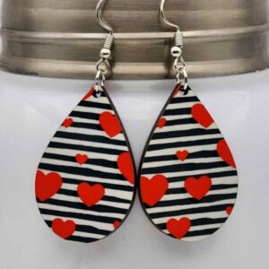 Striped Heart Earrings Handmade Wooden Lightweight Dangle Teardrop Shaped Double Sided Design