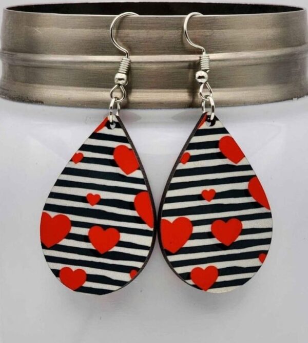 Striped Heart Earrings Handmade Wooden Lightweight Dangle Teardrop Shaped Double Sided Design