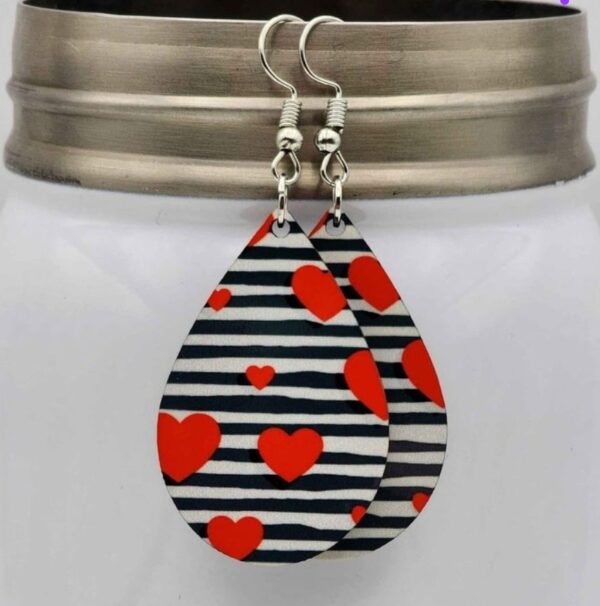 Striped Heart Earrings Handmade Wooden Lightweight Dangle Teardrop Shaped Double Sided Design