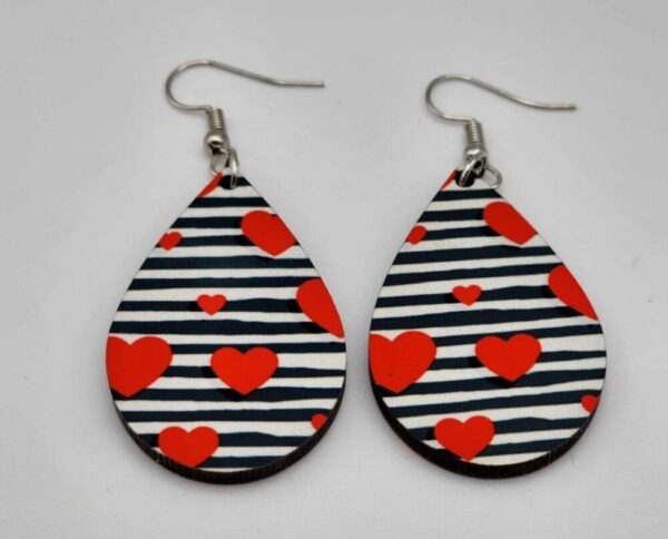 Striped Heart Earrings Handmade Wooden Lightweight Dangle Teardrop Shaped Double Sided Design