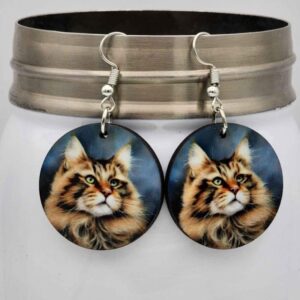 Maine Coon Cat Earrings Round Dangle Double Sided Design Wooden