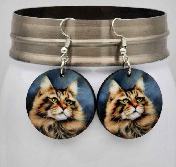 Maine Coon Cat Earrings Round Dangle Double Sided Design Wooden