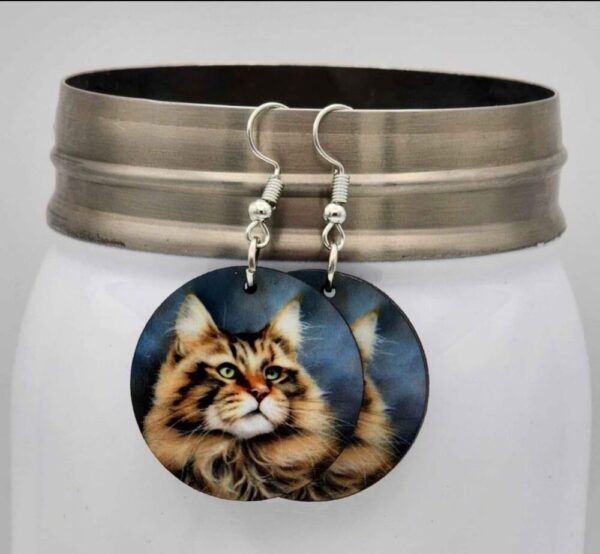 Maine Coon Cat Earrings Round Dangle Double Sided Design Wooden