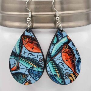 Fishing Lure Earrings Double Sided Design Wooden Handmade Lightweight