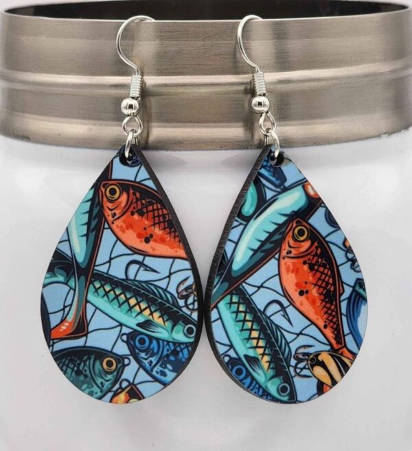 Fishing Lure Earrings Double Sided Design Wooden Handmade Lightweight