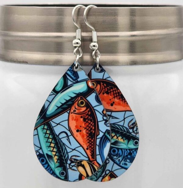 Fishing Lure Earrings Double Sided Design Wooden Handmade Lightweight