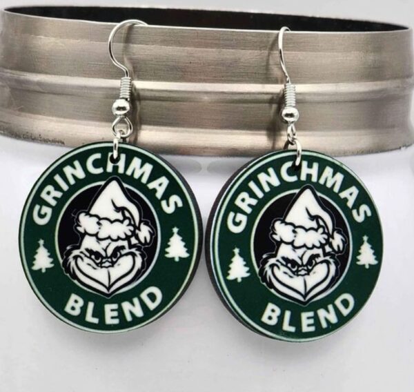 Grinchmas Blend Coffee Earrings Wooden Double Sided Handmade Dangle Lightweight