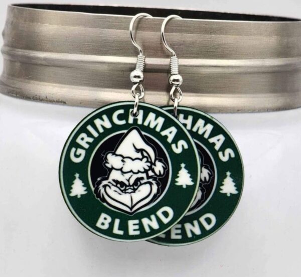 Grinchmas Blend Coffee Earrings Wooden Double Sided Handmade Dangle Lightweight