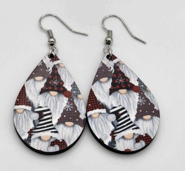 Christmas Winter Gnome Earrings Wooden Handmade Dangle Double Sided Design