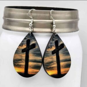 Sunset Wooden Cross Double Sided Handmade Lightweight Dangle Earrings